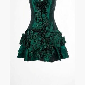Taffeta Ruffle Midi Dress in Emerald Green